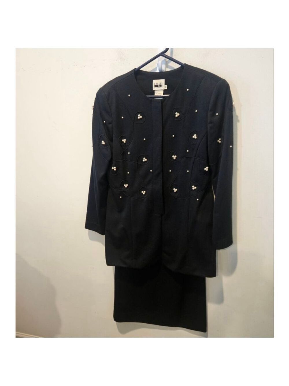 Women's Leslie Fay Vintage Black Skirt Suit with Pearl Embellishments Size 12